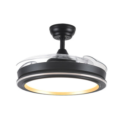 Alt Text: Ventilador de techo Picolo negro y oro de Abrila con aspas retráctiles, modelo 206491309. Ahorra energía gracias a su motor DC y LED integrado. Diseñado para uso interior doméstico y presenta tecnología AI2 para un funcionamiento eficiente.