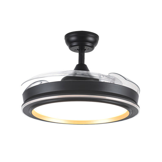 Alt Text: Ventilador de techo Picolo negro y oro de Abrila con aspas retráctiles, modelo 206491309. Ahorra energía gracias a su motor DC y LED integrado. Diseñado para uso interior doméstico y presenta tecnología AI2 para un funcionamiento eficiente.