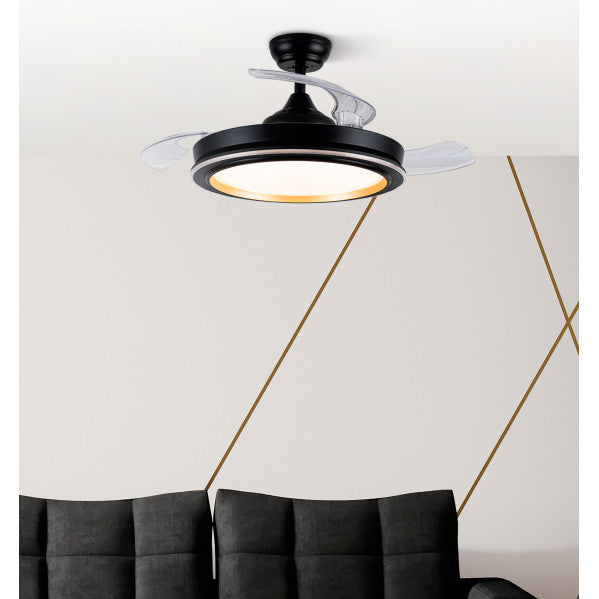 alt=Ventilador de techo Picolo Negro/Oro de Abrila con aspas retráctiles, LED integrado y motor DC para interiores domésticos, eficiencia energética - Modelo 206491309