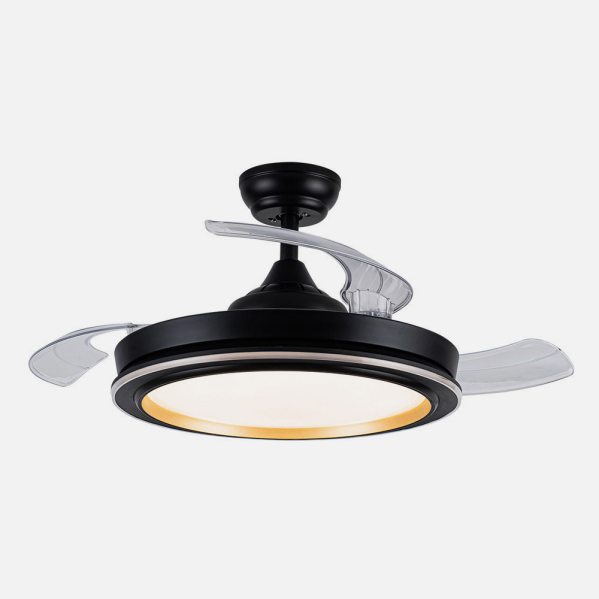 alt=Ventilador Techo PicoLo con aspas retráctiles negro y oro. Motor DC y LED integrado para ahorro de energía y uso en interiores domésticos de Abrila 206491309