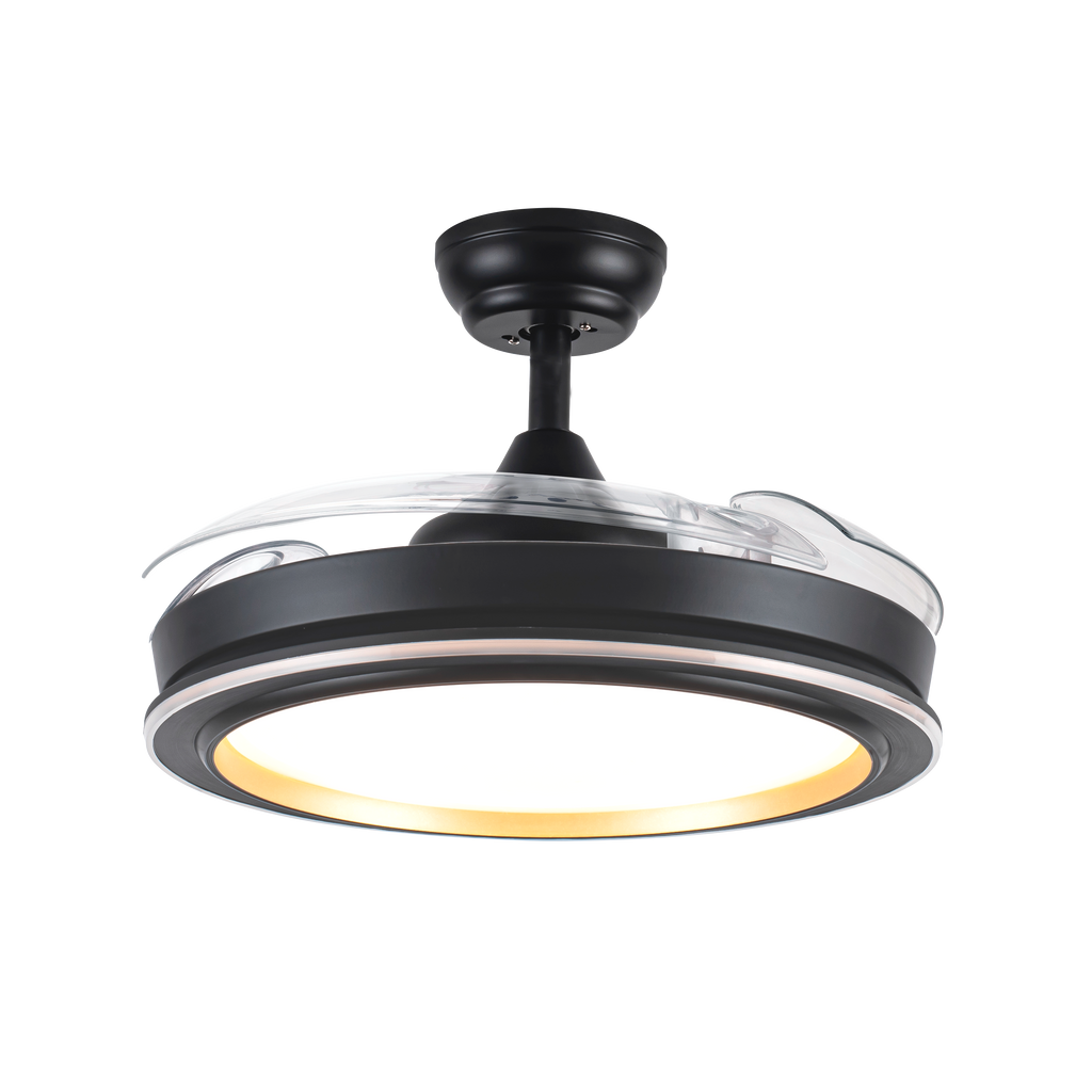 Ventilador de techo Picolo negro/oro con aspas retráctiles y LED integrado. Interior doméstico, motor DC. Eficiente en ahorro de energía. Planes Abrila.