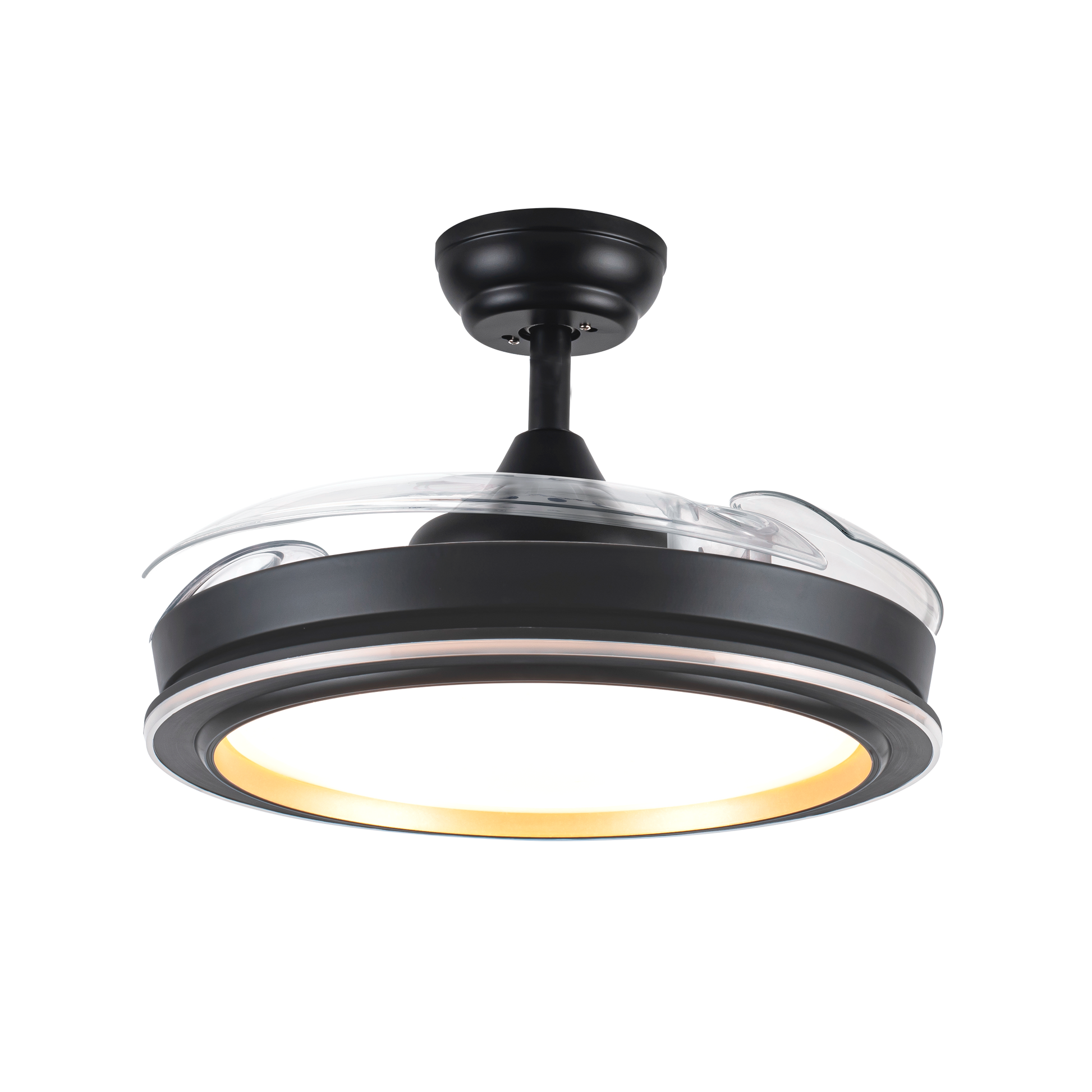 Ventilador de techo Picolo negro/oro con aspas retráctiles y LED integrado. Interior doméstico, motor DC. Eficiente en ahorro de energía. Planes Abrila.