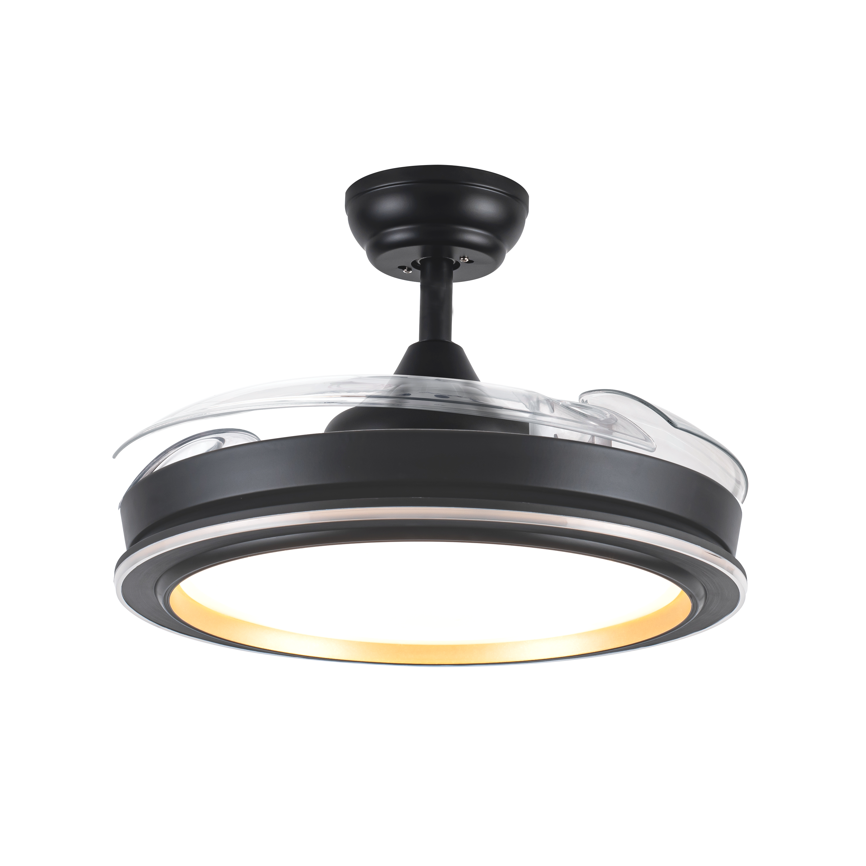 Ventilador de techo Picolo negro/oro con aspas retráctiles y LED integrado. Interior doméstico, motor DC. Eficiente en ahorro de energía. Planes Abrila.