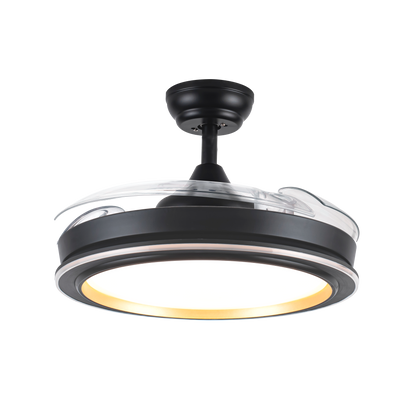 Ventilador de techo Picolo negro/oro con aspas retráctiles y LED integrado. Interior doméstico, motor DC. Eficiente en ahorro de energía. Planes Abrila.
