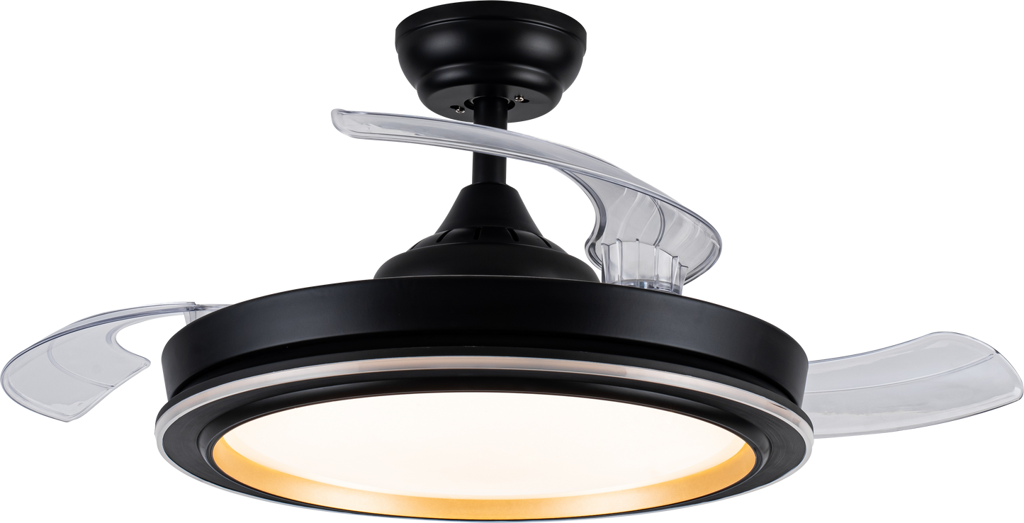 Ventilador de techo Picolo negro y oro de Abriila. Modelo 206491309. Ventilador de techo con aspas retráctiles para ahorro de energía. Ideal para interiores domésticos con su diseño LED integrado y motor DC.