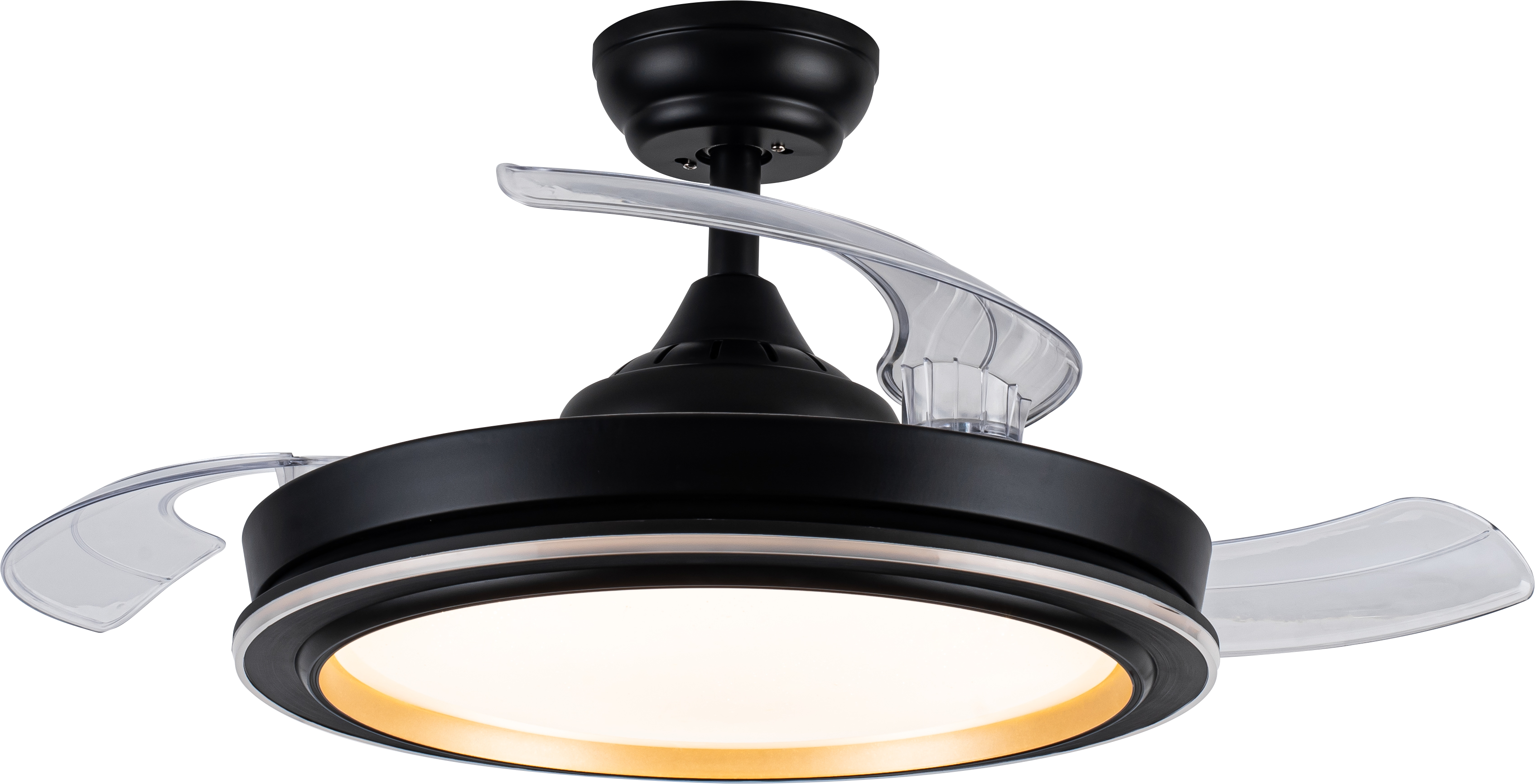 Ventilador de techo Picolo negro y oro de Abriila. Modelo 206491309. Ventilador de techo con aspas retráctiles para ahorro de energía. Ideal para interiores domésticos con su diseño LED integrado y motor DC.