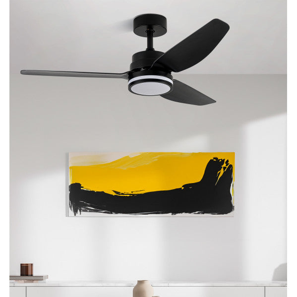 El texto para el alternative text (alt text) del image podría estar optimizado de la siguiente forma:

Ventilador de techo Jarama DC 20W, modelo Abrila 206791309, color negro de 112 cm, utilizado en interior doméstico, con LED integrado, fabricado en metal ABS, incluye control remoto y 6 velocidades.

### Explicación:
- **Producto** y **Marca**: Ventilador de techo Jarama DC 20W.
- **Modelo y Nombre**: Modelo Abrila 206791309.
- **Características Principales**: Color negro, tamaño de 112 cm, uso en interior