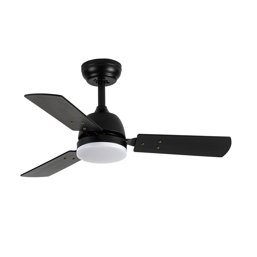 Alt: Abrila Ventilador de techo porticó DC 20W negro, modelo 206991309, con LEDs integrados, mando a distancia y aspas reversibles, ideal para interiores domésticos.