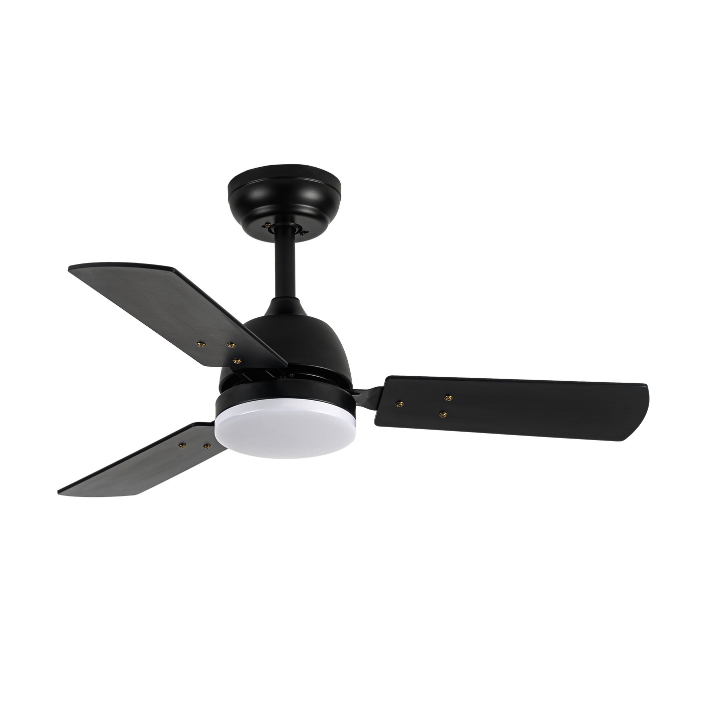 Alt: Abrila Ventilador de techo porticó DC 20W negro, modelo 206991309, con LEDs integrados, mando a distancia y aspas reversibles, ideal para interiores domésticos.