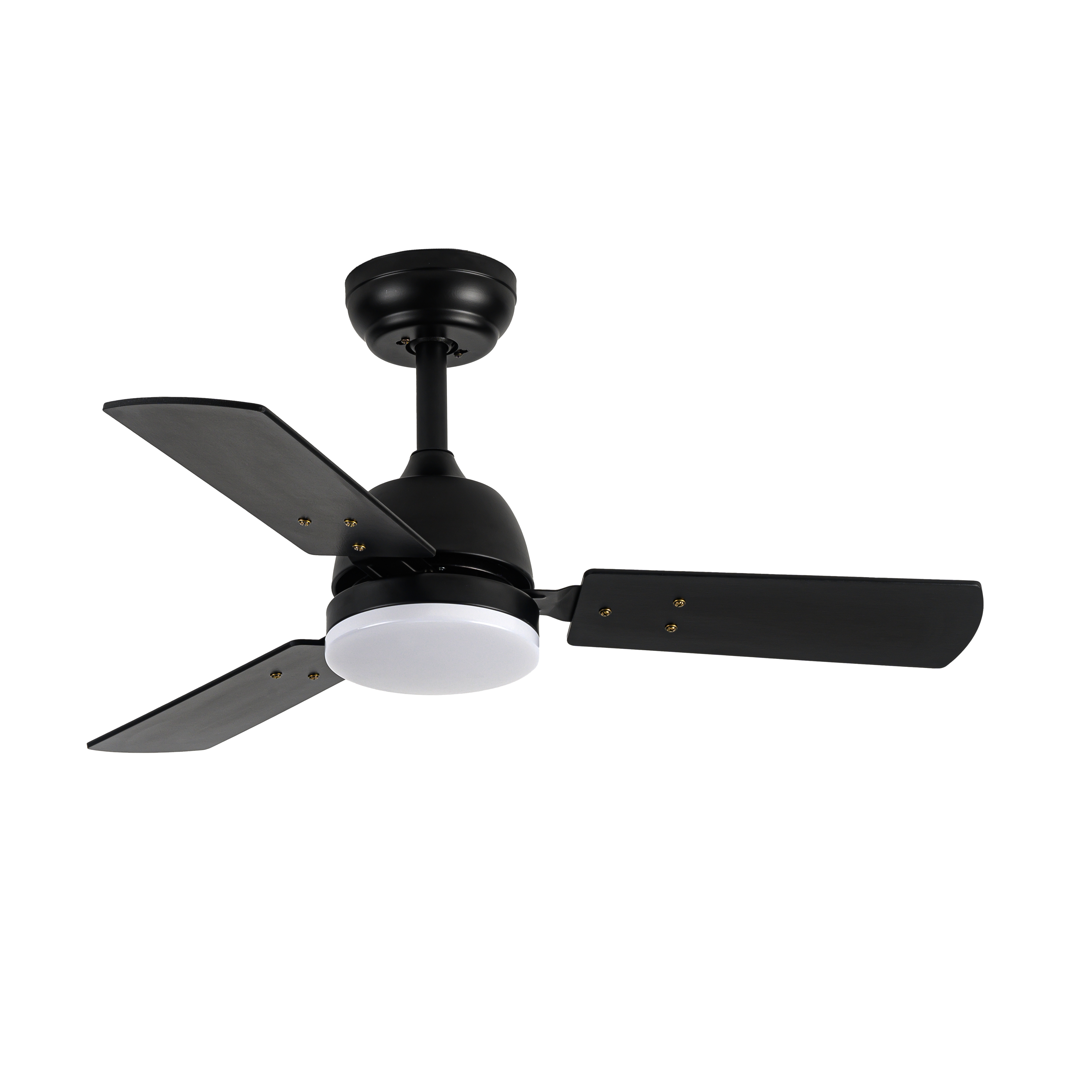 Alt: Abrila Ventilador de techo porticó DC 20W negro, modelo 206991309, con LEDs integrados, mando a distancia y aspas reversibles, ideal para interiores domésticos.