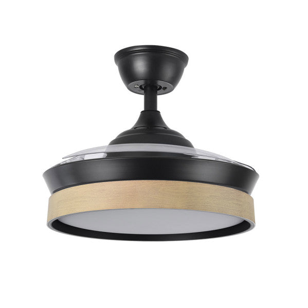 Aquí tienes un texto optimizado para alt img:
```
Ventilador de techo Iglu negro/haya 91cm de Abrila, modelo 207099088, con motor DC, ahorro de energía, LED integrado, aspas retráctiles, diseñado para uso doméstico e iluminación interior.
```