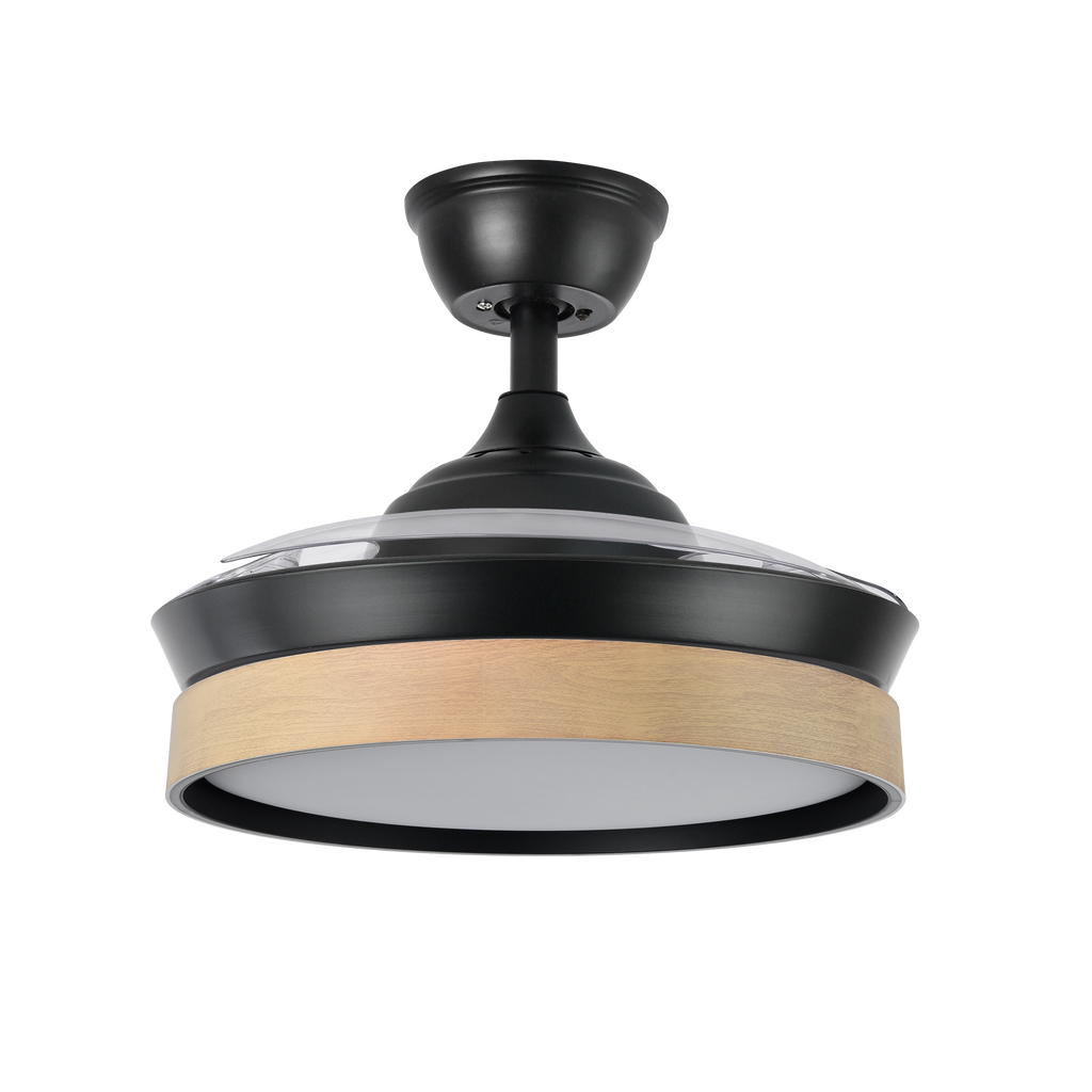 Ventilador de techo DC Iglú Negro/Haya de Abrila con aspas retráctiles y 91 cm de diámetro. Ideal para la ventilación interior doméstica con ahorro de energía gracias a su motor DC y LED integrado.