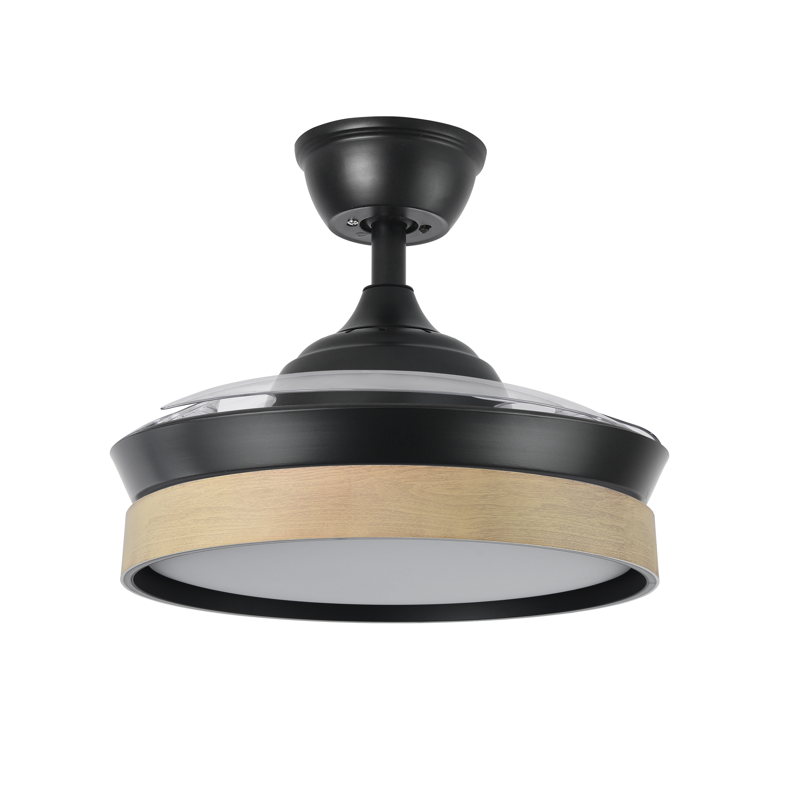 Ventilador de techo DC Iglú Negro/Haya de Abrila con aspas retráctiles y 91 cm de diámetro. Ideal para la ventilación interior doméstica con ahorro de energía gracias a su motor DC y LED integrado.