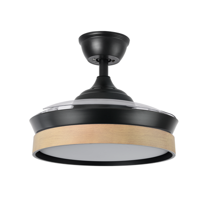 Ventilador de techo DC Iglú Negro/Haya de Abrila con aspas retráctiles y 91 cm de diámetro. Ideal para la ventilación interior doméstica con ahorro de energía gracias a su motor DC y LED integrado.