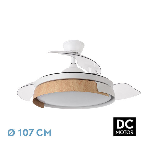 `alt=Ventilador de techo Provenza 72W blanco/haya con motor DC y LED, ideal para interiores domésticos con ahorro de energía y uso versátil todo el año`