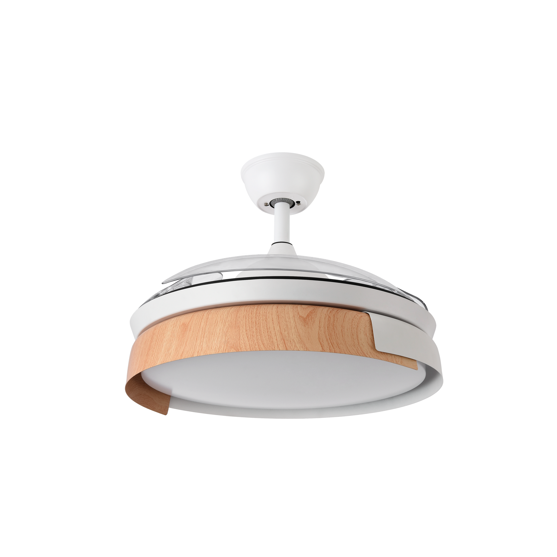 `alt=Ventilador de techo Provenza 72W Blanco/Haya Abrila con motor DC, aspas retráctiles y LED integrado para uso interior doméstico`