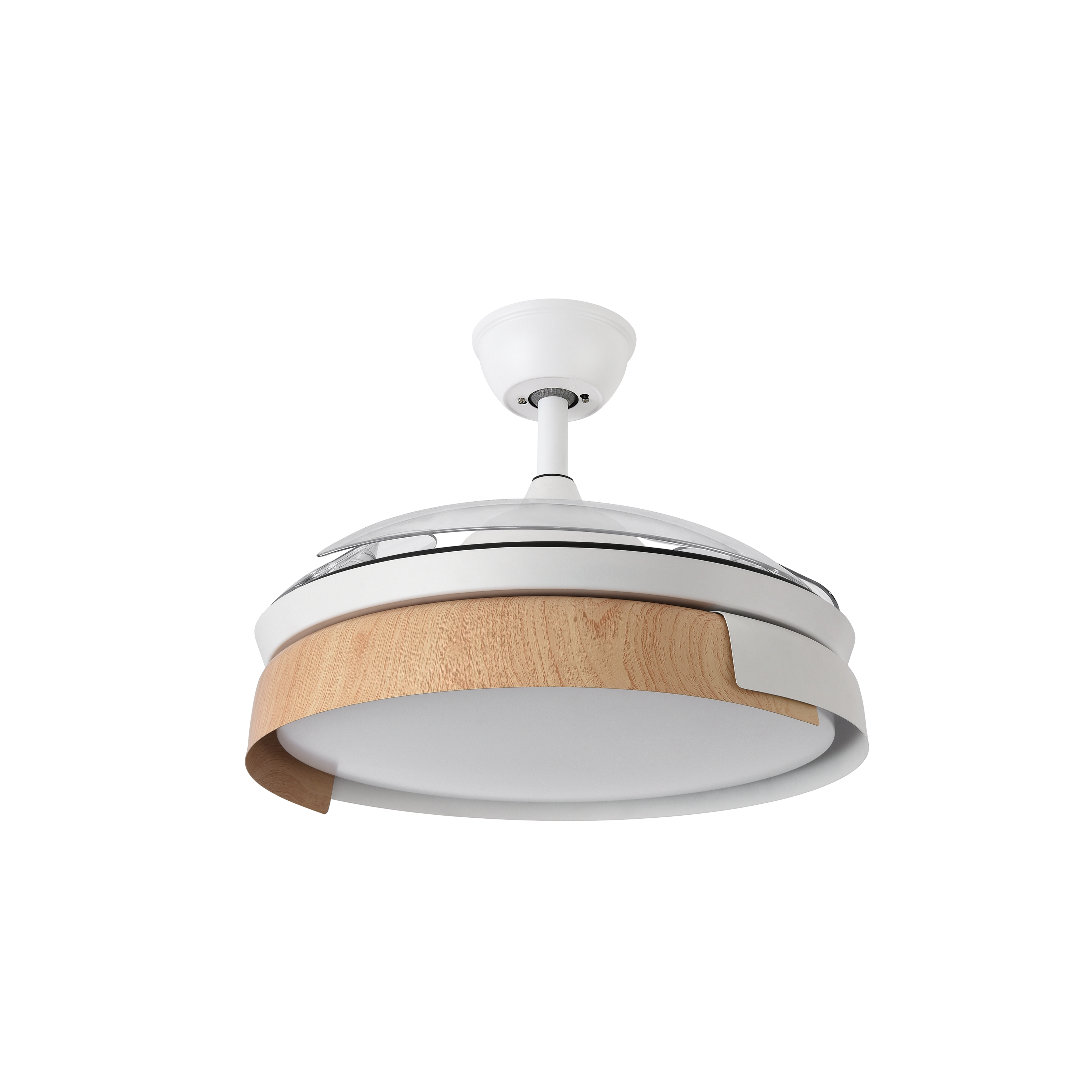 `alt=Ventilador de techo Provenza 72W Blanco/Haya Abrila con motor DC, aspas retráctiles y LED integrado para uso interior doméstico`