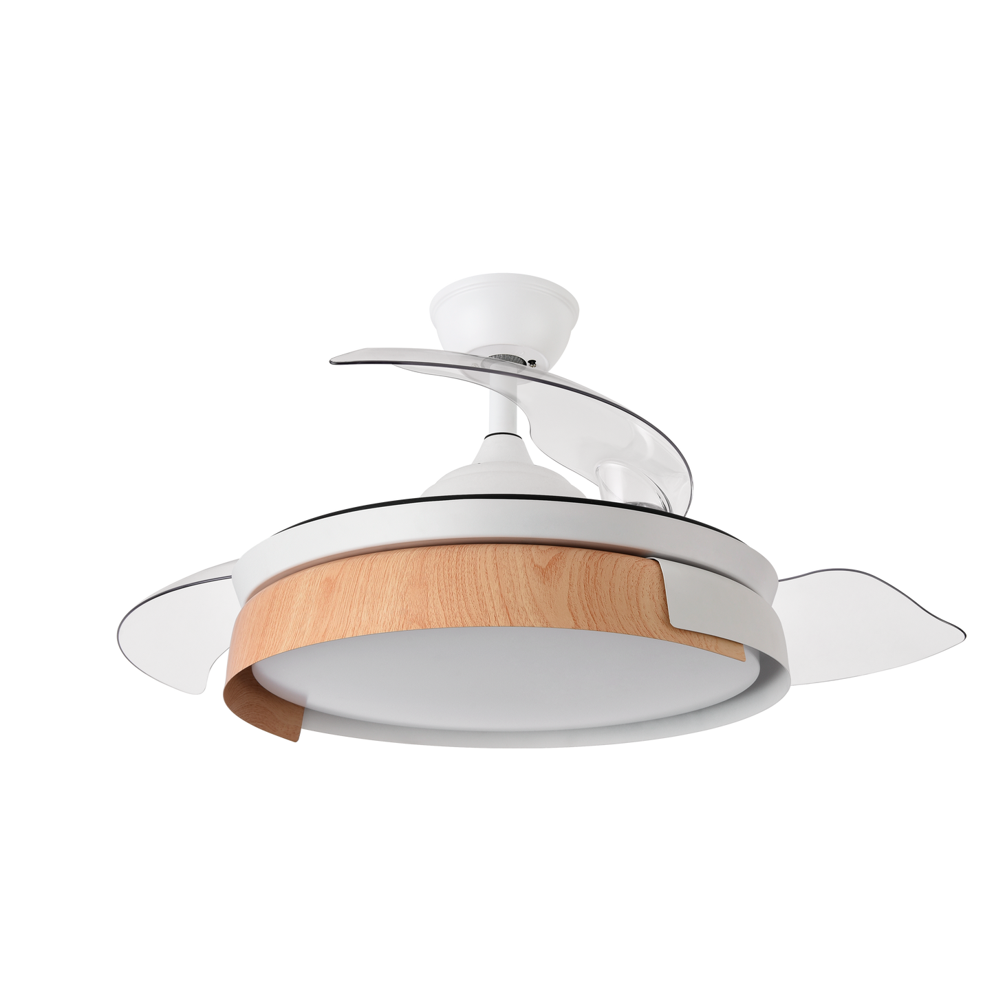 `alt=Ventilador de techo DC Provenza 72W Blanco/Haya con LED integrado y motor DC, ideal para ahorro de energía en interiores`