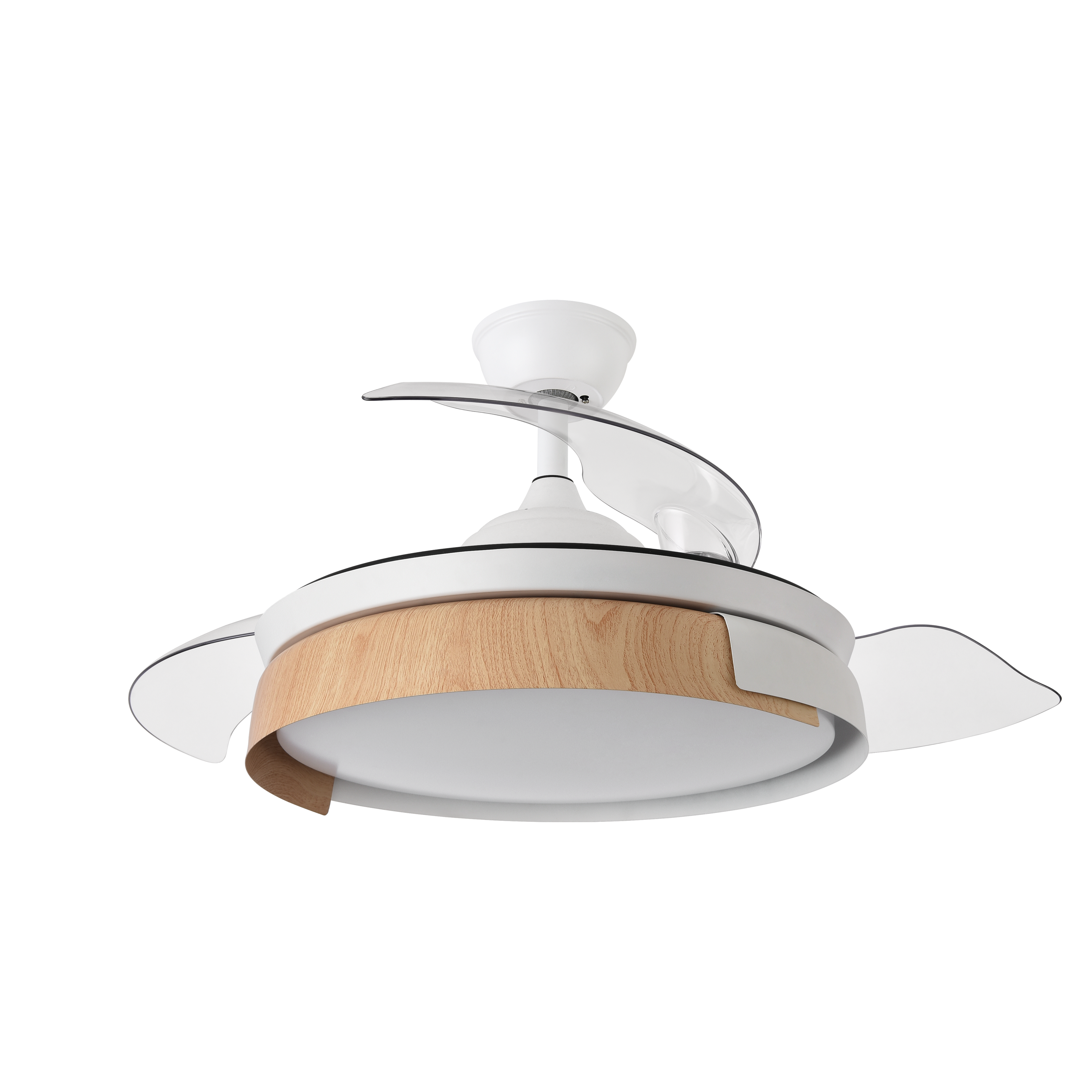 `alt=Ventilador de techo DC Provenza 72W Blanco/Haya con LED integrado y motor DC, ideal para ahorro de energía en interiores`