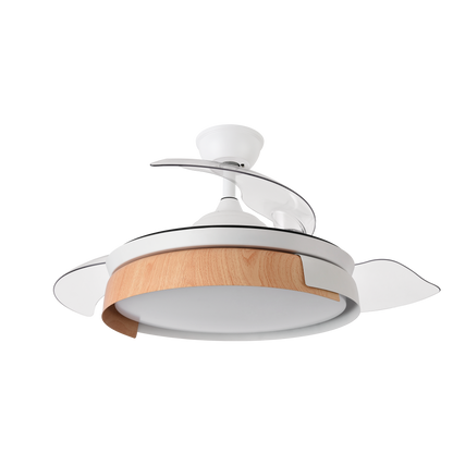 `alt=Ventilador de techo DC Provenza 72W Blanco/Haya con LED integrado y motor DC, ideal para ahorro de energía en interiores`