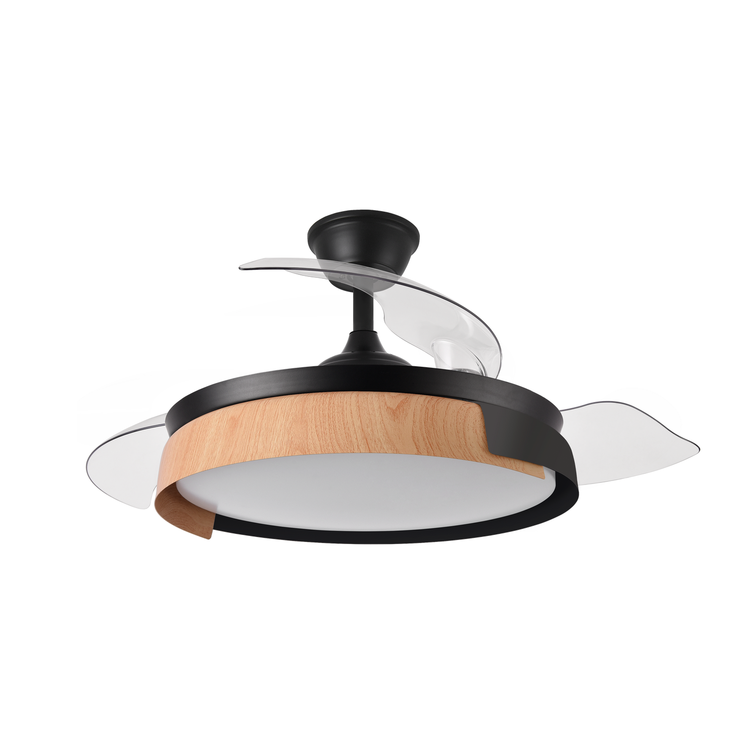 `alt=Ventilador de techo Provenza en color negro/haya, con motor DC, aspas retráctiles y LED integrado de Abrila`