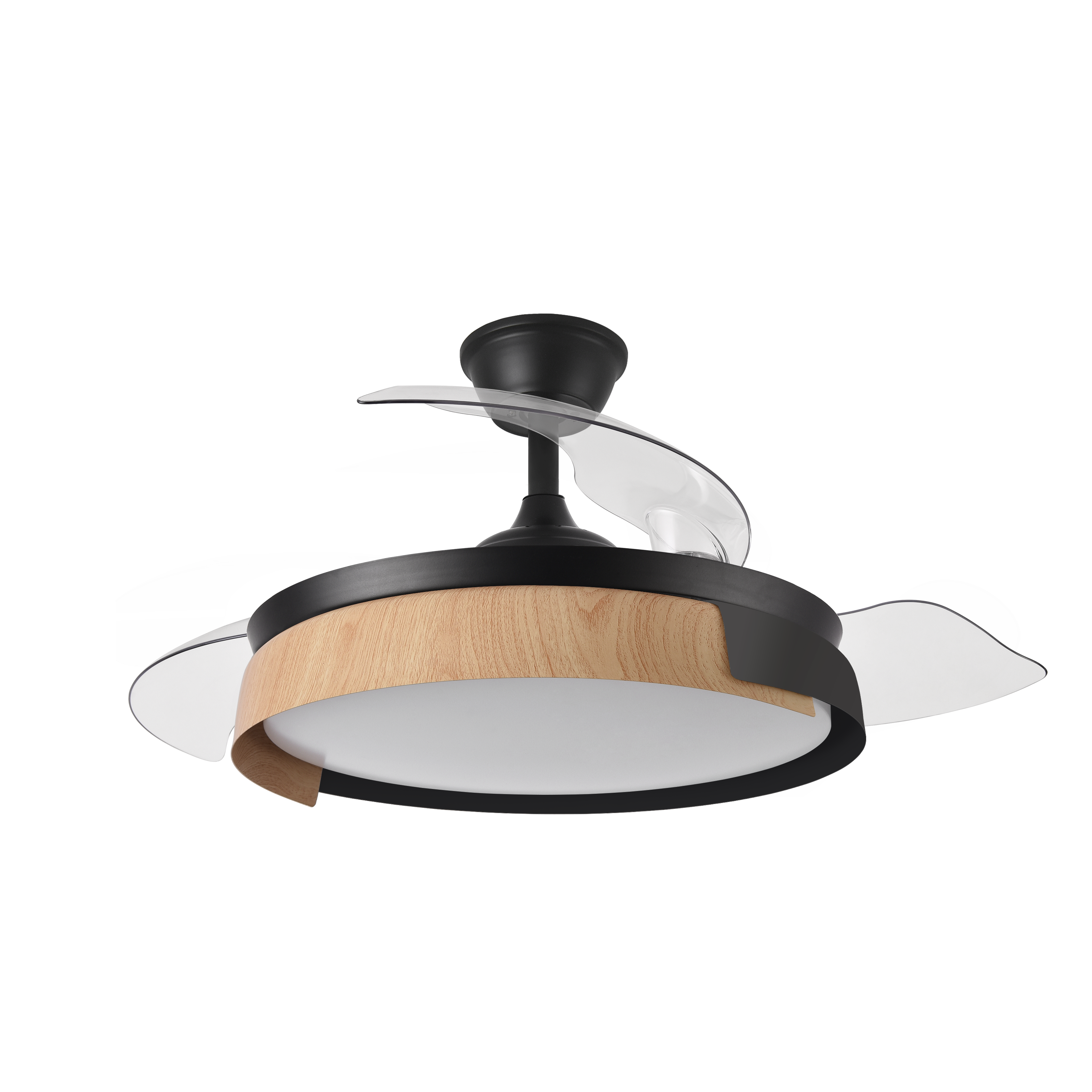 `alt=Ventilador de techo Provenza en color negro/haya, con motor DC, aspas retráctiles y LED integrado de Abrila`