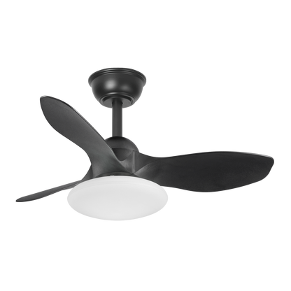 Ventilador de techo DC Paramo Negro 36W con control remoto Abrila Ai2. Diseñado para uso doméstico en interiores, combina metal, ABS y policarbonato en un acabado en negro elegante. Equipado con luz LED para iluminación adicional. Ventilador eficiente de 36W, modelo 207291309