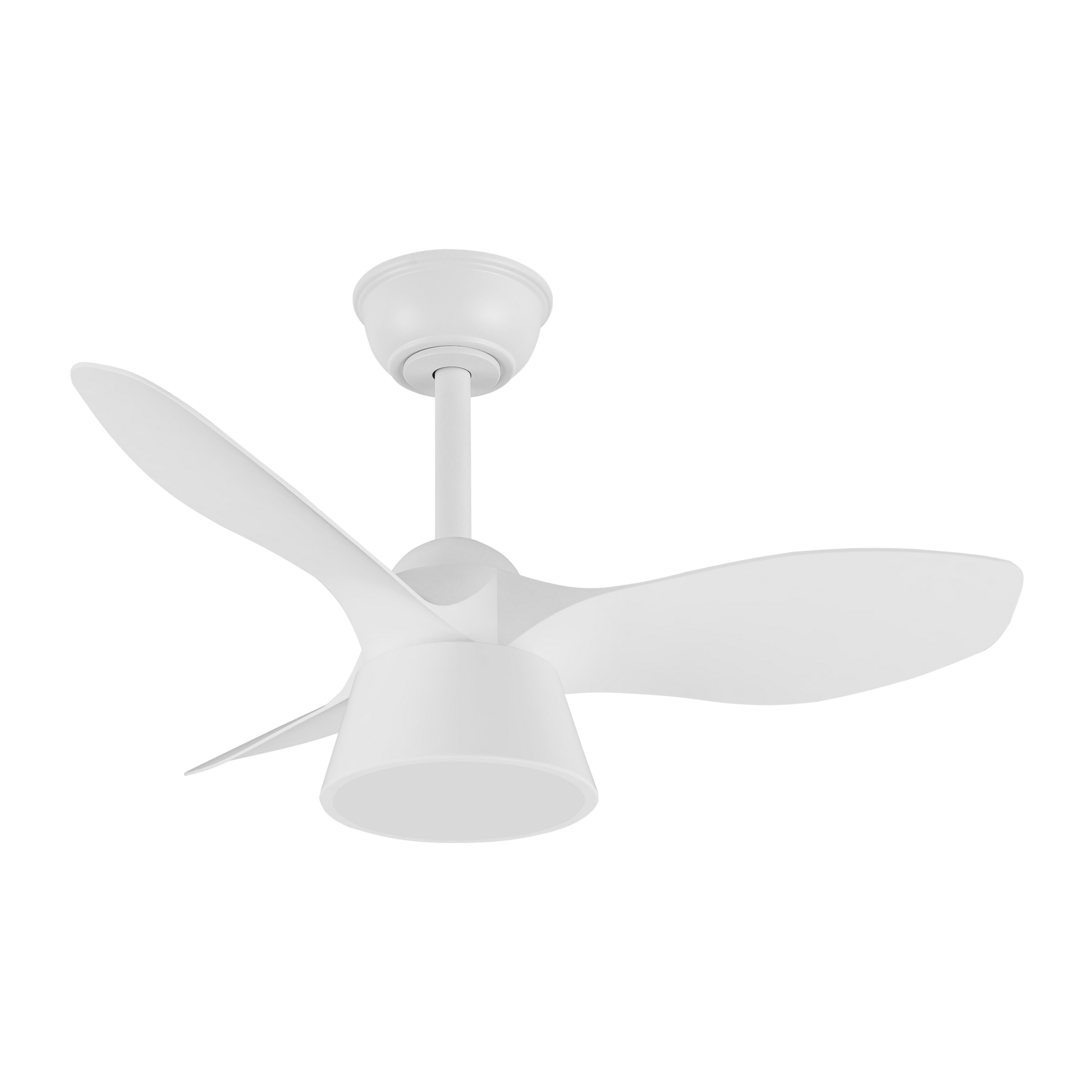 `alt=Ventilador de techo DC A correspondiente con abrila modelo AI2, color blanco, con control remoto, diseño cúbico para interiores, iluminación LED integrada, materiales metal ABS y policarbonato`