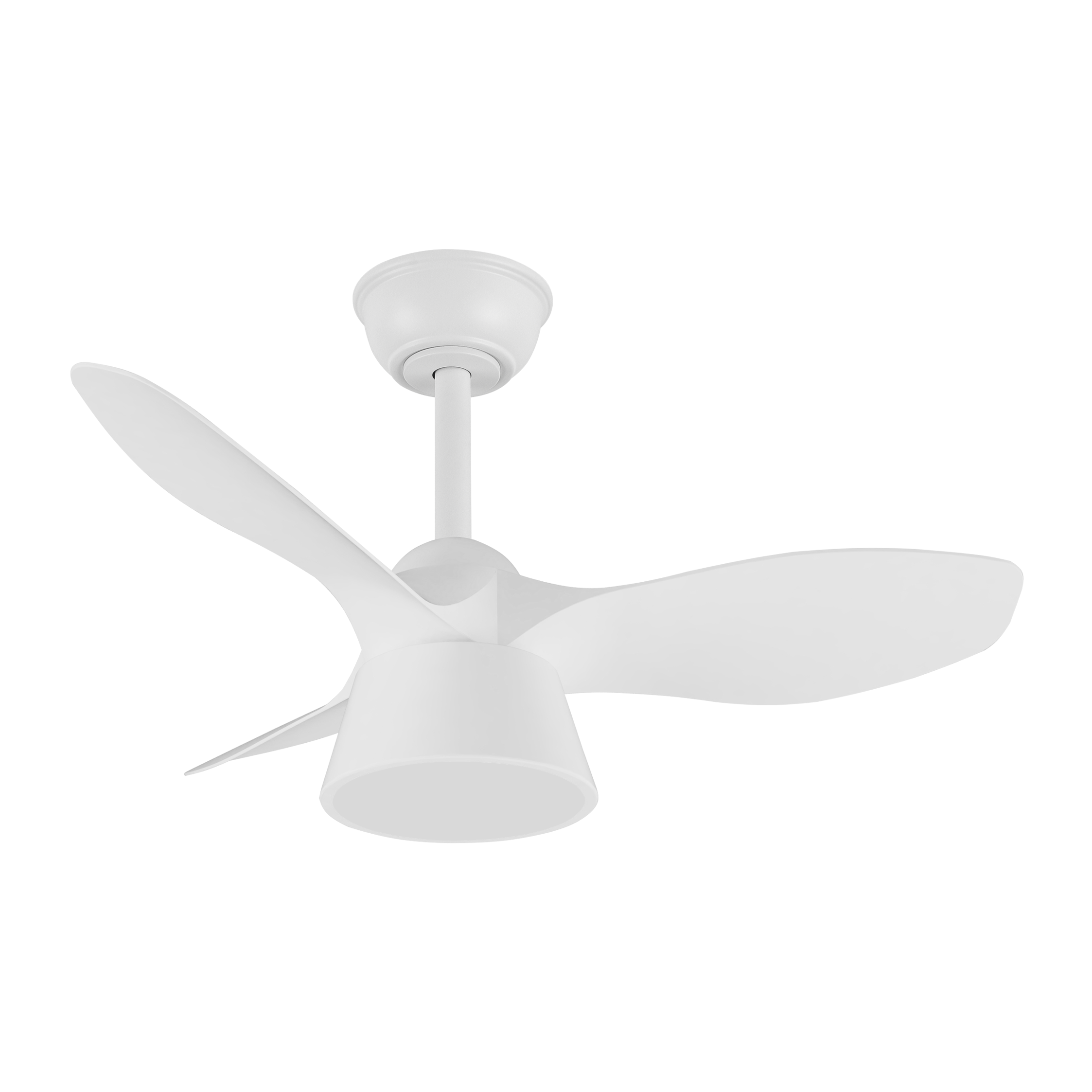 `alt=Ventilador de techo DC A correspondiente con abrila modelo AI2, color blanco, con control remoto, diseño cúbico para interiores, iluminación LED integrada, materiales metal ABS y policarbonato`