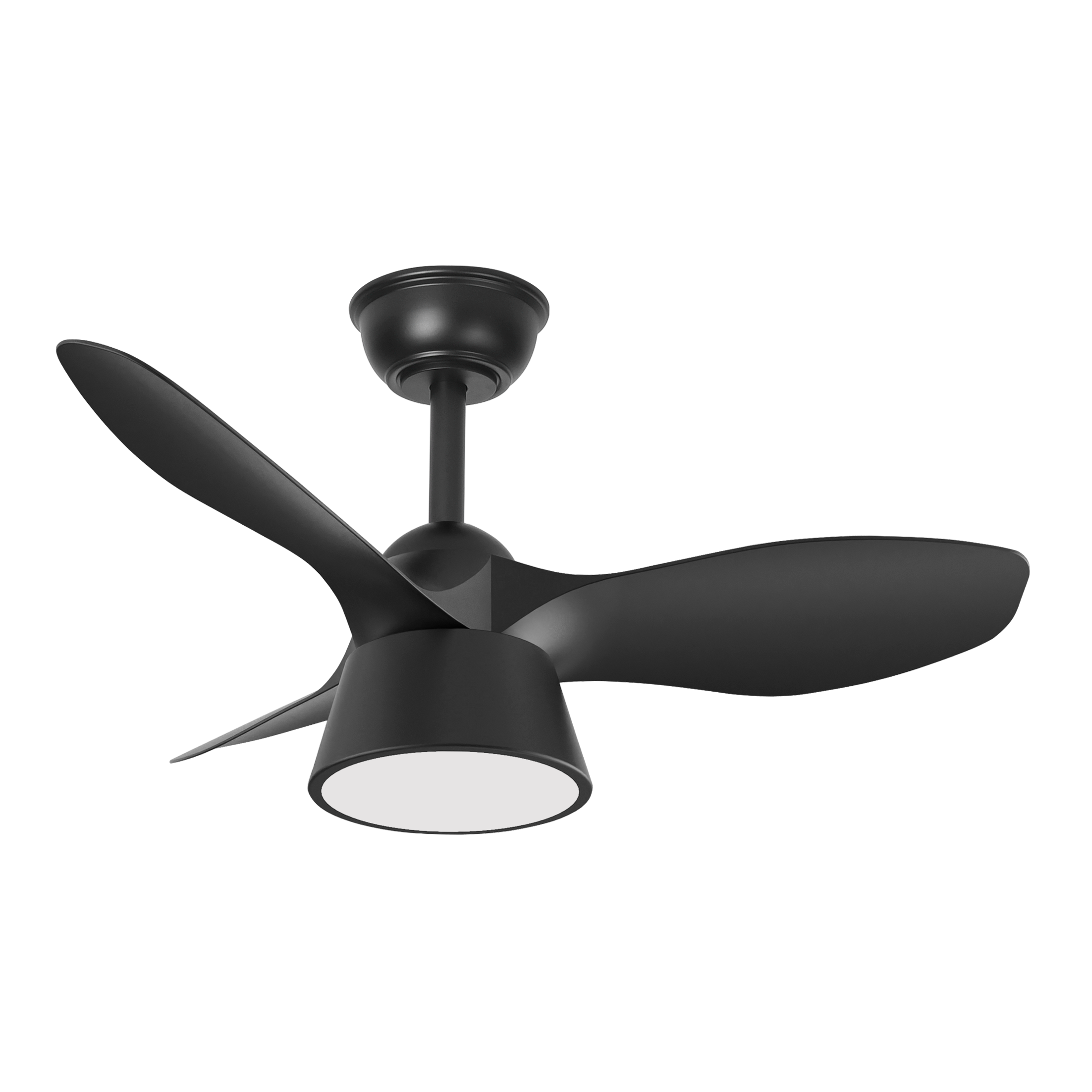 `Ventilador de techo DC cubico negro de Abrila con motor DC, 36W, diseño moderno y eficiente, ideal para uso doméstico, con luz LED integrada, materiales metal ABS policarbonato.`