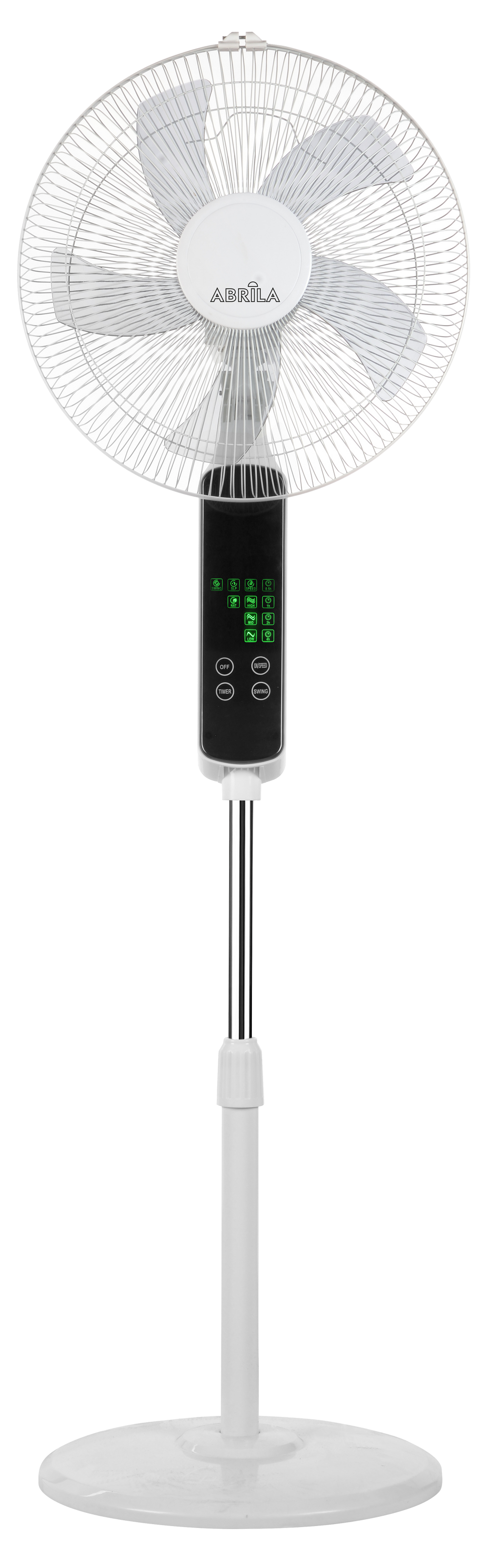 Alt Text optimizado para SEO:
Ventilador de pie Rodium de Abrila, modelo 207641001, en color blanco. Múltiples velocidades con mando a distancia y temporizador, ideal para uso doméstico interior. Fabricado en metal y policarbonato.

Analizando el título y las etiquetas:
1. Destaca la marca Abrila y el modelo específico.
2. Indica las características principales: color blanco, potencia de 45W, y tres velocidades.
3. Menciona las funcionalidades del mando a distancia y el temporizador.
4. Señala que está dise