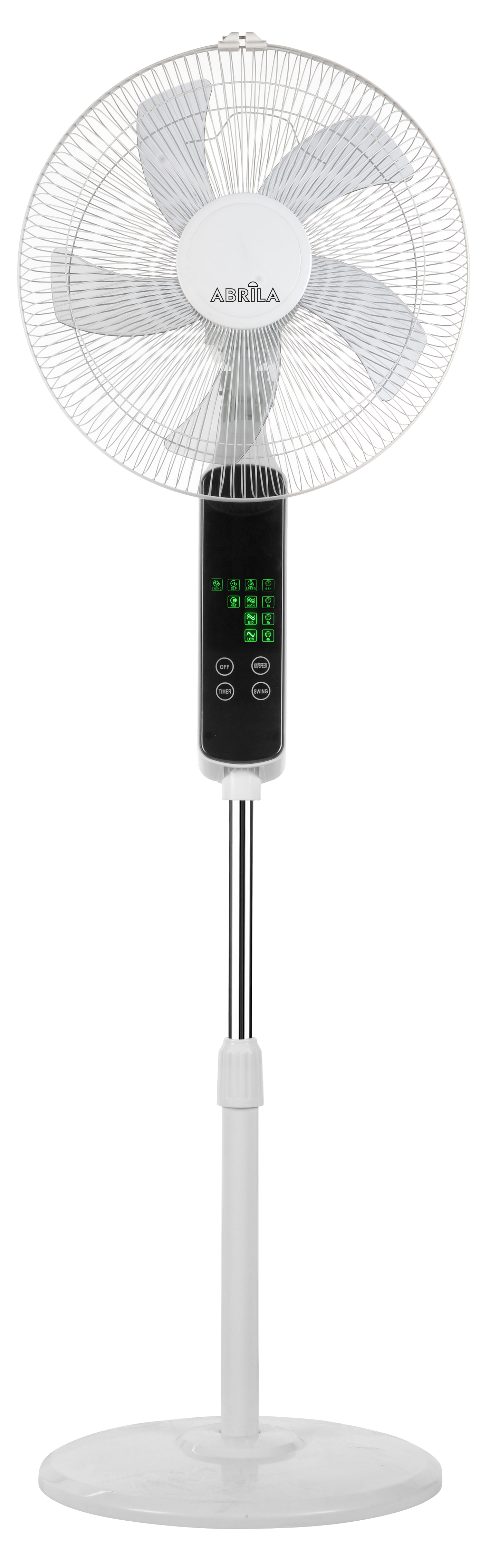 Alt Text optimizado para SEO:
Ventilador de pie Rodium de Abrila, modelo 207641001, en color blanco. Múltiples velocidades con mando a distancia y temporizador, ideal para uso doméstico interior. Fabricado en metal y policarbonato.

Analizando el título y las etiquetas:
1. Destaca la marca Abrila y el modelo específico.
2. Indica las características principales: color blanco, potencia de 45W, y tres velocidades.
3. Menciona las funcionalidades del mando a distancia y el temporizador.
4. Señala que está dise