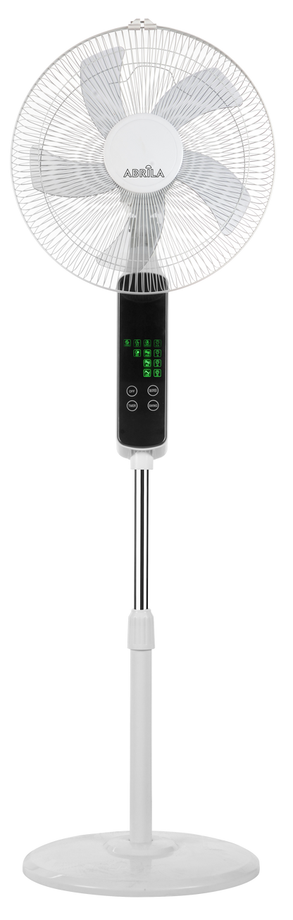 Alt Text optimizado para SEO:
Ventilador de pie Rodium de Abrila, modelo 207641001, en color blanco. Múltiples velocidades con mando a distancia y temporizador, ideal para uso doméstico interior. Fabricado en metal y policarbonato.

Analizando el título y las etiquetas:
1. Destaca la marca Abrila y el modelo específico.
2. Indica las características principales: color blanco, potencia de 45W, y tres velocidades.
3. Menciona las funcionalidades del mando a distancia y el temporizador.
4. Señala que está dise