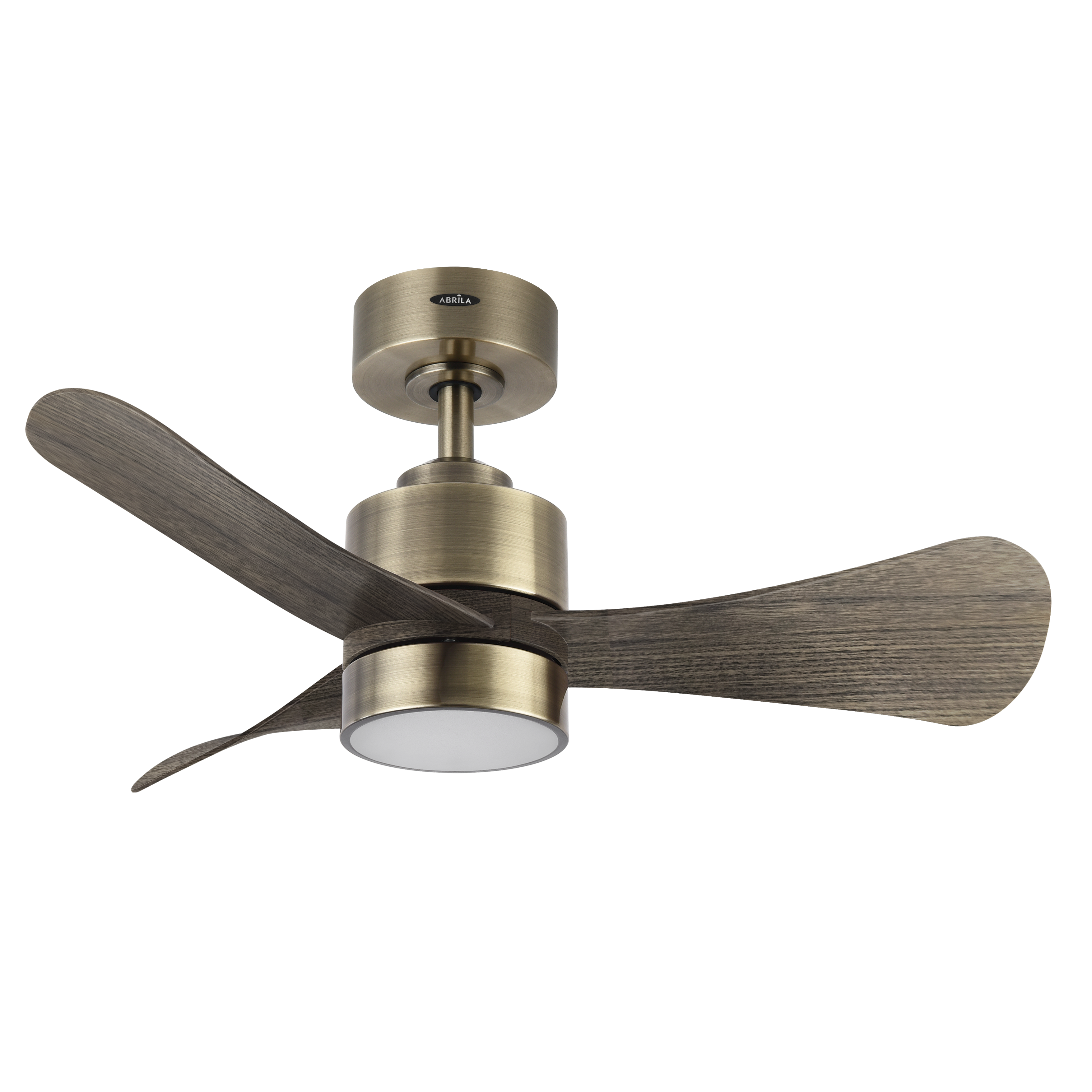 `alt=Ventilador de techo DC Zepelin en acabado cuero/roble, 18W, modelo Abrila 207791336 con control remoto y luz LED regulable, motor DC eficiente y diseño en metal y ABS policarbonato`