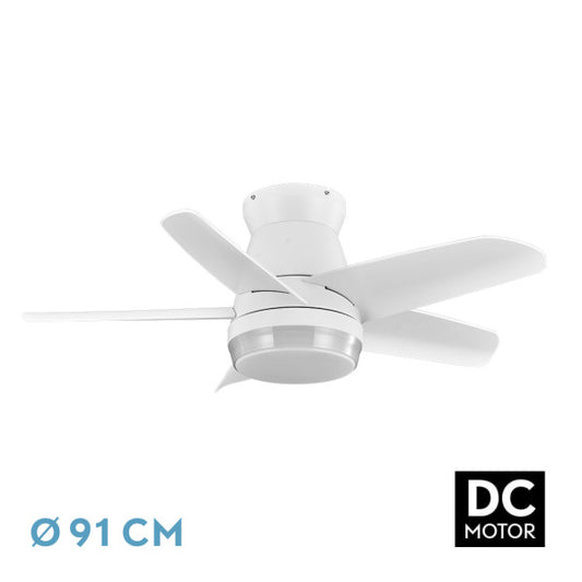`alt=Ventilador de techo Abrila Neutron blanco 24W con LED integrado, mando a distancia y motor DC`
