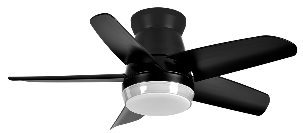 `alt=Ventilador de techo DC Neutron Negro con LED integrado, control remoto y 5 aspas por Abrila`