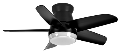 `alt=Ventilador de techo DC Neutron Negro con LED integrado, control remoto y 5 aspas por Abrila`