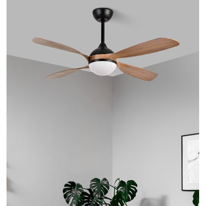 `alt=Ventilador de techo Livorno DC 30W Negro/Roble de Abrila, 132cm, con LED integrado, iluminación ajustable, mando a distancia y temporizador para uso doméstico interior`