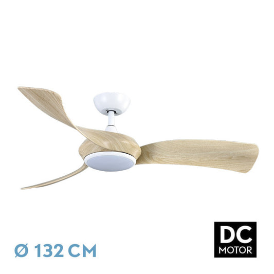 Ventilador de techo DC Cerdeña en Blanco/Haya con LED integrado, motor DC y temporizador, marca Abrila, modelo 208291368. Ventilador DC de techo doméstico cerrado de color blanco con aspas normales, temporizador y mando a distancia, de interiores, fabricado en metal, ABS y policarbonato.