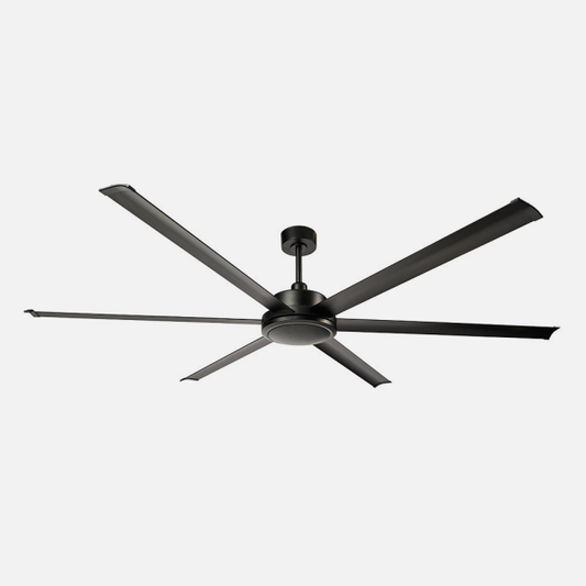 Ventilador de techo Sanson negro de 6 aspas, 214cm de diámetro, con mando remoto y motor DC, ideal para interiores domésticos. Disponible en Ángela Madou con el número de referencia 208399609. Disfruta de la comodidad y estilo de este ventilador de marca Abrila con temporizador ajustable y construcción de metal/aluminio.