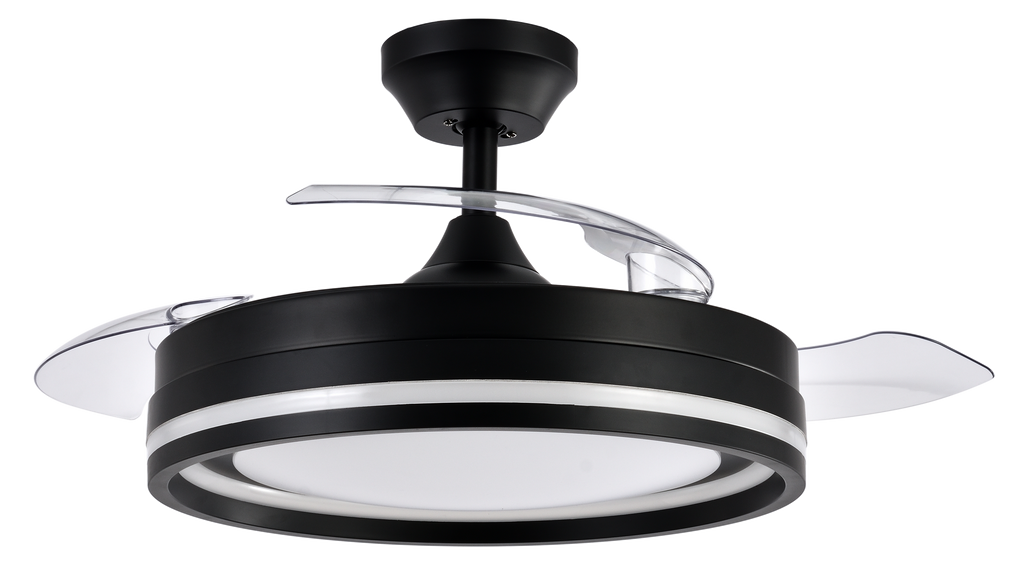 Alt texto:

Ventilador de techo Cerrato Negro Abrila con motor DC y aspas retráctiles, modelo AI2 208691309. Diseñado para uso interior doméstico, cuenta con luz LED integrada regulable y ofrece un consumo de 72W.