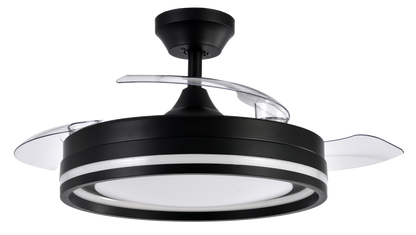 Alt texto:

Ventilador de techo Cerrato Negro Abrila con motor DC y aspas retráctiles, modelo AI2 208691309. Diseñado para uso interior doméstico, cuenta con luz LED integrada regulable y ofrece un consumo de 72W.