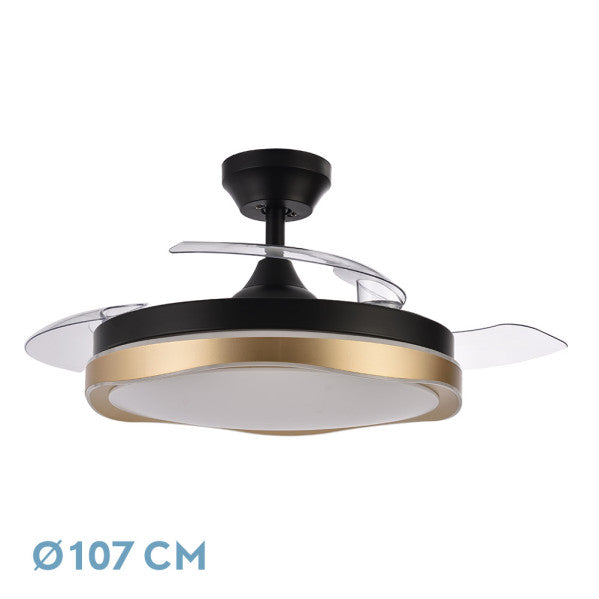 Ventilador de techo DC Blondi negro/oro con 72W de potencia - Abrila 208791316. Diseño elegante en negro/oro con aspas retráctiles y LED integrado, ideal para ventilación estival en interiores. Iluminación regulable para un ambiente acorde a tus necesidades domésticas. Funciona con tecnología ai2 para un rendimiento óptimo.