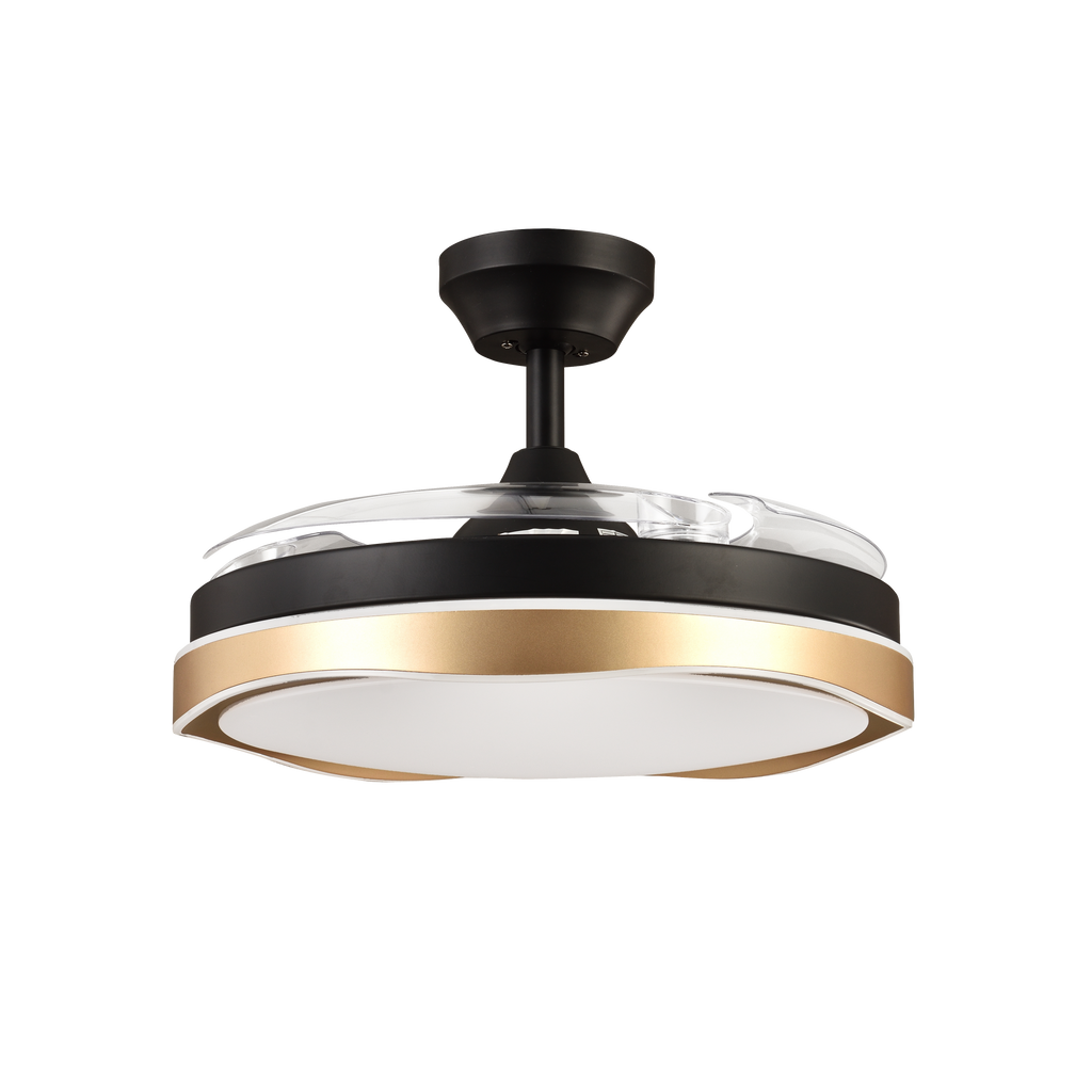 `alt=Ventilador de Techo DC Blondi Negro/Oro 72W Abrila con Aspas Retráctiles, Iluminación LED y Regulable - Ideal para Ventilación Estival en Interiores``