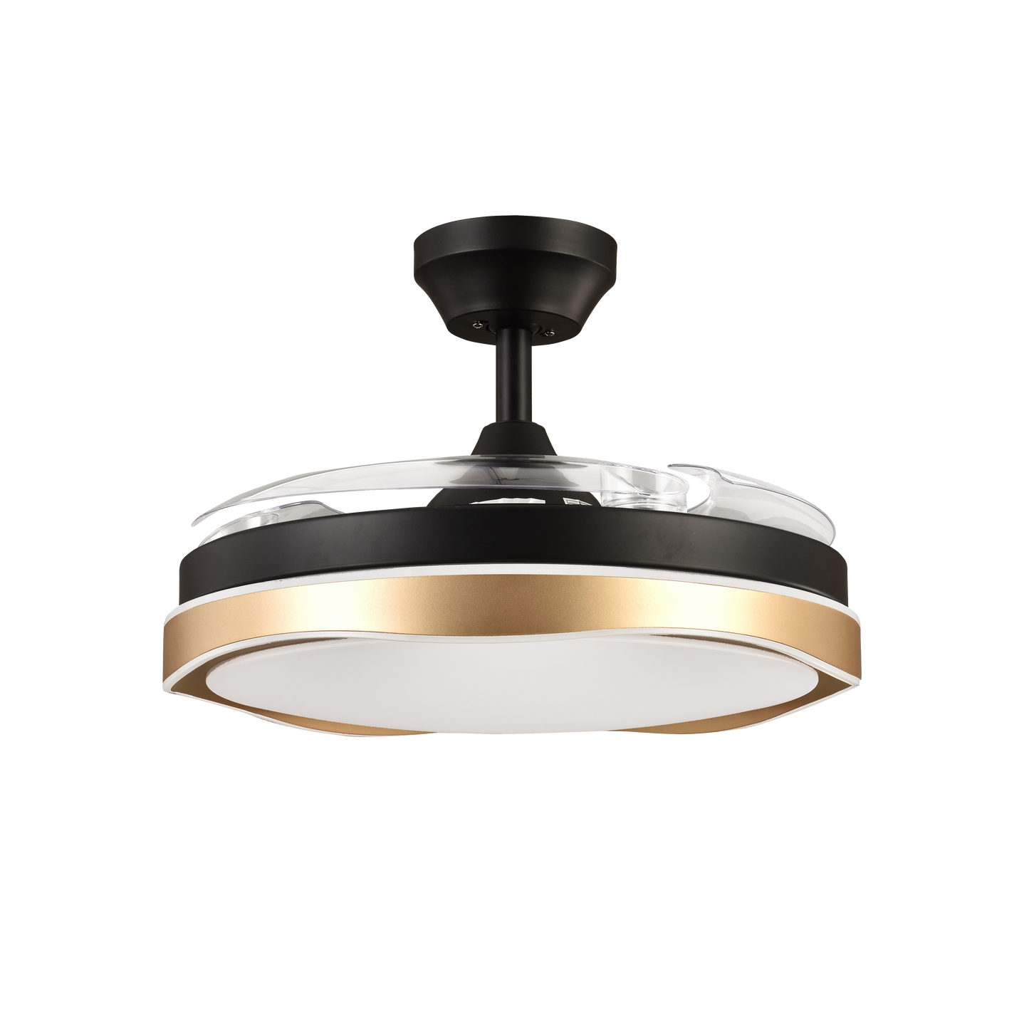 `alt=Ventilador de Techo DC Blondi Negro/Oro 72W Abrila con Aspas Retráctiles, Iluminación LED y Regulable - Ideal para Ventilación Estival en Interiores``
