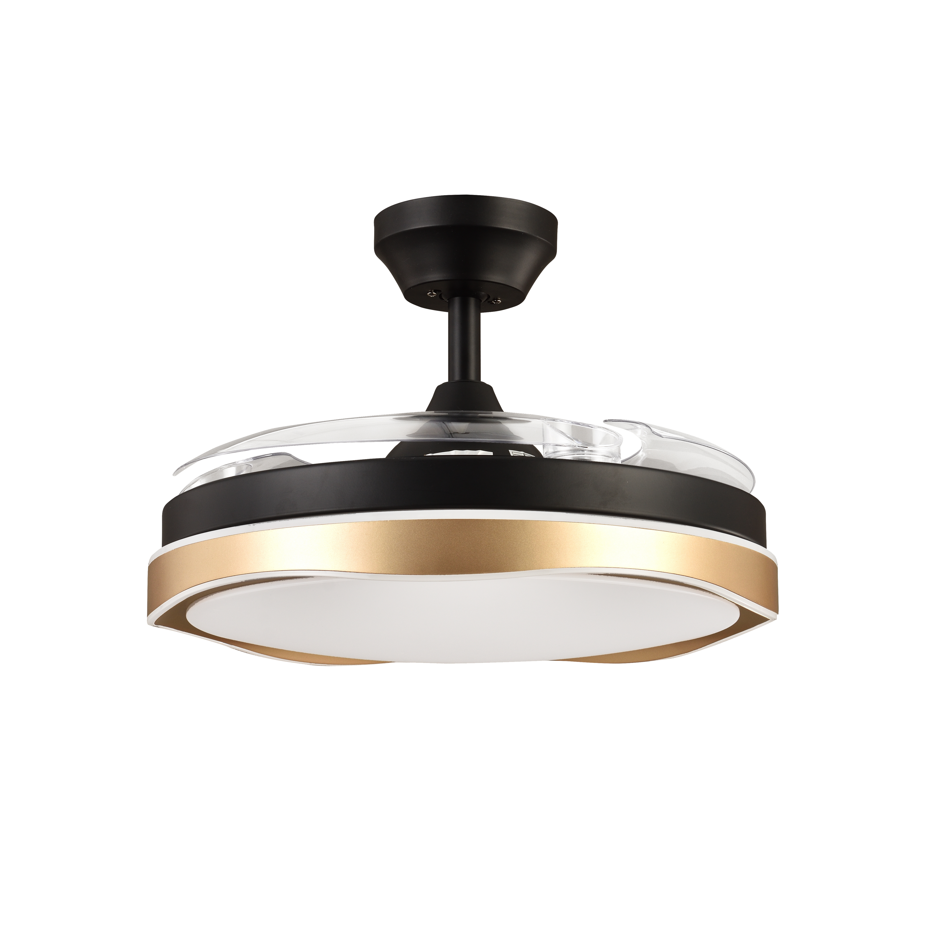 `alt=Ventilador de Techo DC Blondi Negro/Oro 72W Abrila con Aspas Retráctiles, Iluminación LED y Regulable - Ideal para Ventilación Estival en Interiores``