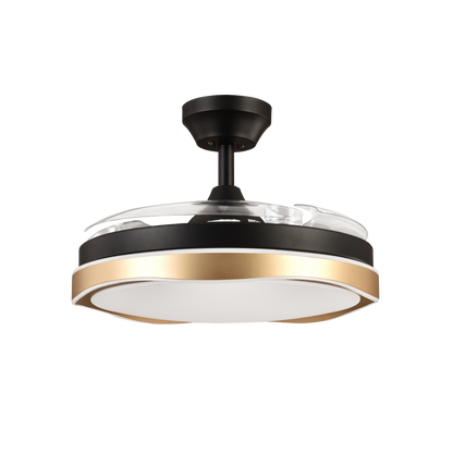 `alt=Ventilador de Techo DC Blondi Negro/Oro 72W Abrila con Aspas Retráctiles, Iluminación LED y Regulable - Ideal para Ventilación Estival en Interiores``
