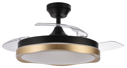 `alt=Ventilador de techo Blondi Abrilia en negro y oro con LED integrado y aspas retráctiles para uso interior`