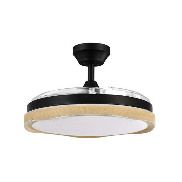 Ventilador de Techo Blondi DC 72W en Negro/Madera de Abrila - Modelo 208791385. Diseño elegante con líneas modernas y aspas retráctiles, ideal para interiores domésticos. Incluye iluminación LED avanzada con leds integrados para un ambiente acogedor en cualquier estación del año, con un potente motor DC que garantiza eficiencia y durabilidad. Perfecto para la ventilación en verano e invierno.