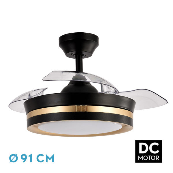 `alt=Ventilador de techo Viper negro y oro 48W Abrila con LED integrado y luz regulable, 6 velocidades, motor DC y aspas retráctiles para interior doméstico`